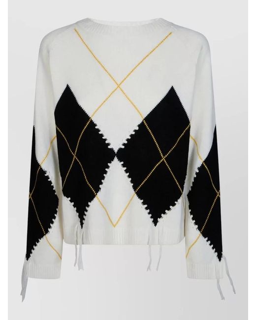 Pinko Black Argyle Knit Crew Neck Long Sleeve Sweater