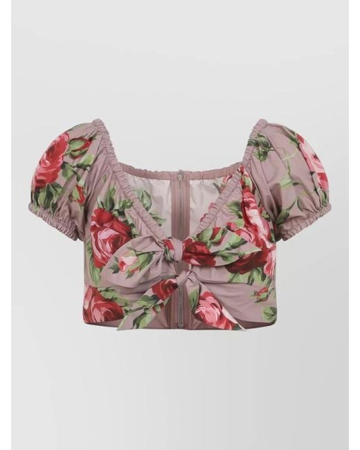 Dolce & Gabbana Pink Cotton Floral-Print V-Neck Cropped Blouse