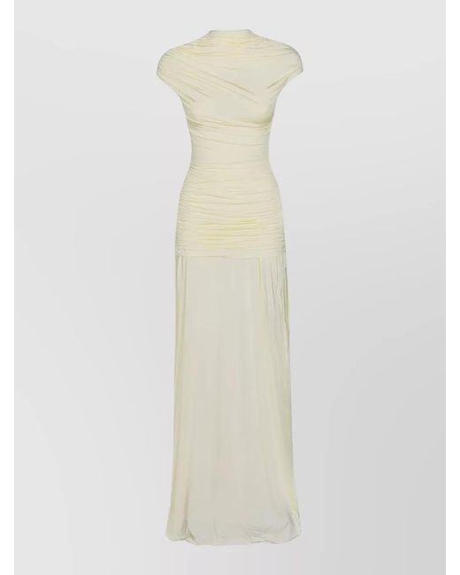 Self-Portrait White Draped Ruched Dress Cap Sleeves Floor Length