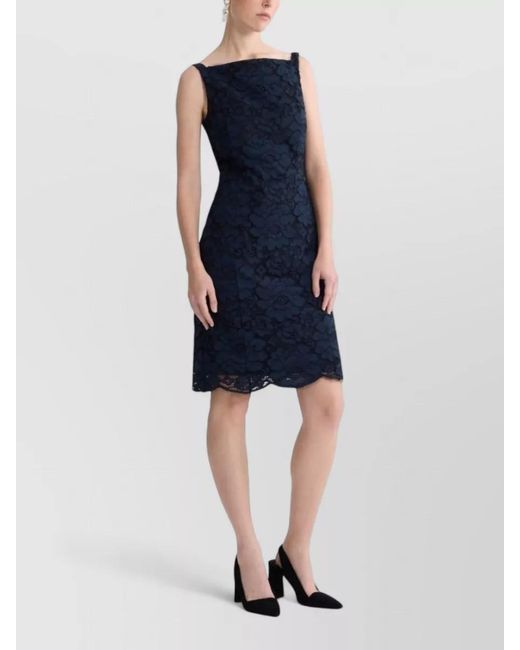 Patou Blue Lace Dress Square Neckline Sleeveless Knee Length