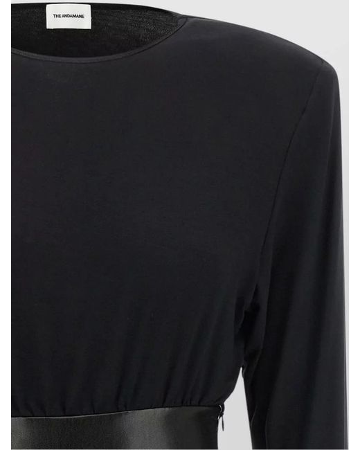 ANDAMANE Black Bodycon Ruched Dress Round Neck Waistband