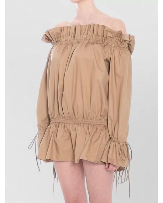 Saint Laurent Natural Cotton Off-Shoulder Ruched Mini Dress