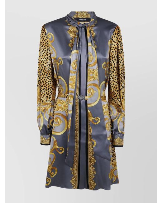 Versace Blue Silk Printed Long-Sleeve Mini Dress