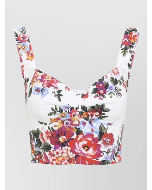 Dolce & Gabbana Red Dolce & Gabbana Stretch Cotton Blend Flower Bouquet-Print Bustier Top