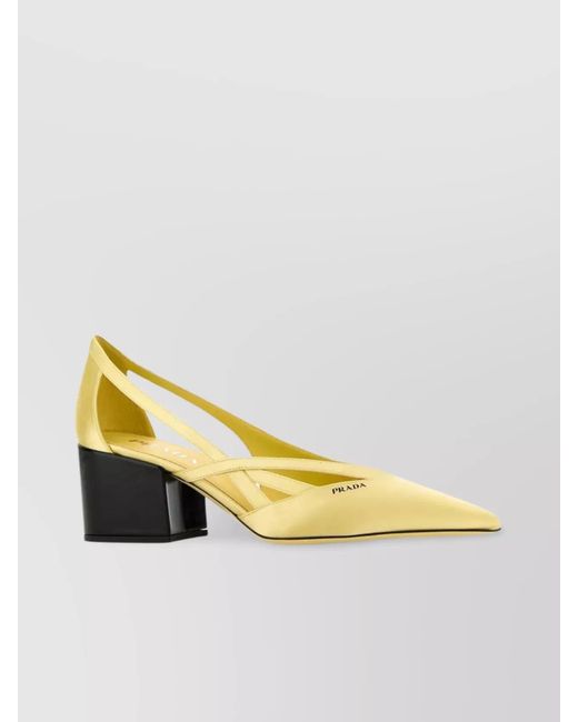 Prada Yellow Satin Pumps With Block Heel And Side Cut-Outs