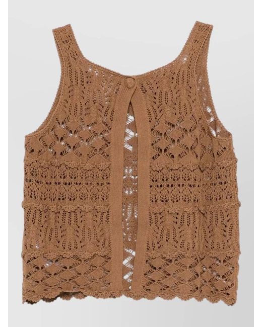 Semicouture Brown Shelley Crochet Tank Top Button Detail