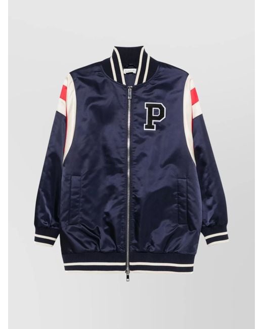 P.A.R.O.S.H. Blue Logo-Patch Bomber Jacket Featuring Stripe Detailing