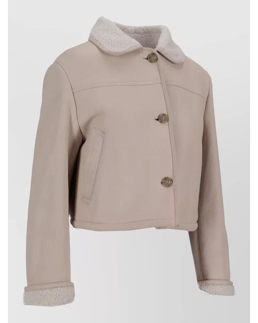 LA ROSE Natural Cropped Shearling Collar Leather Jacket