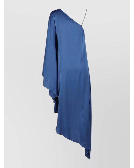 Silk95five Blue Asymmetric Long Dress One Shoulder Draped