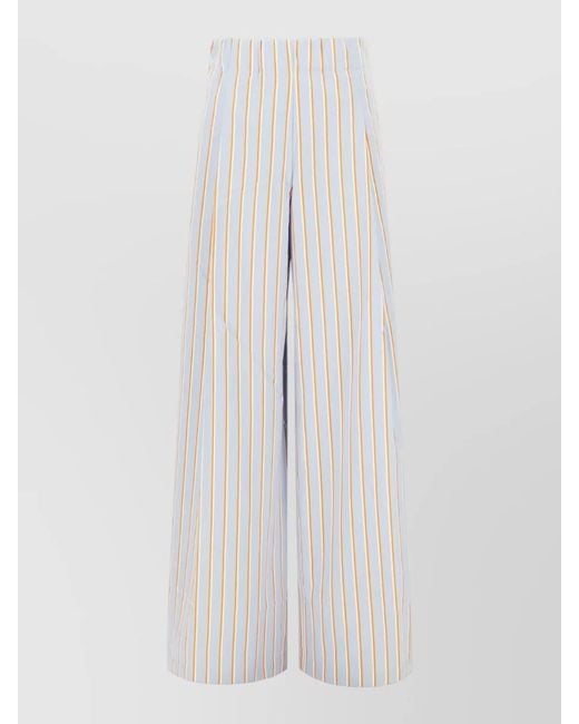Dries Van Noten White Wide Leg Striped Cotton Pants Pockets
