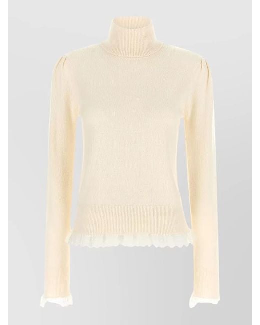 Ganni White Merino Wool Ribbed Turtleneck Lace Trim Sweater
