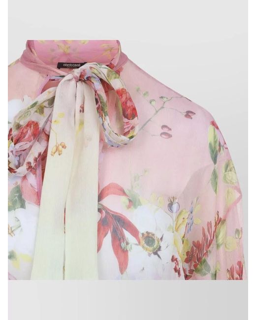 Roberto Cavalli Pink Silk Floral-Print Cutout Long-Sleeve Blouse