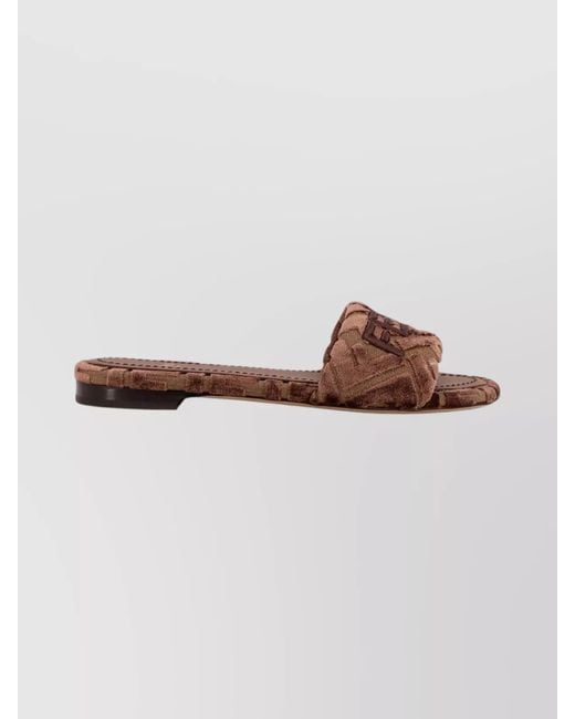 Fendi Brown Velvet Slides With Ff On Leather Sole