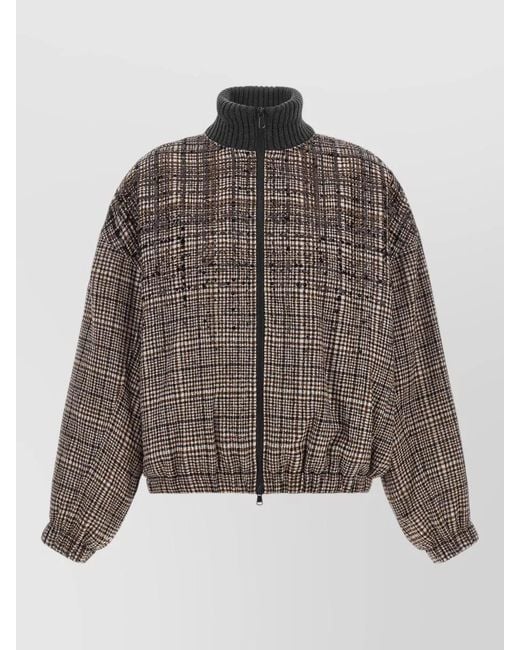 Brunello Cucinelli Brown Sequin Embellished Check Bomber Coat