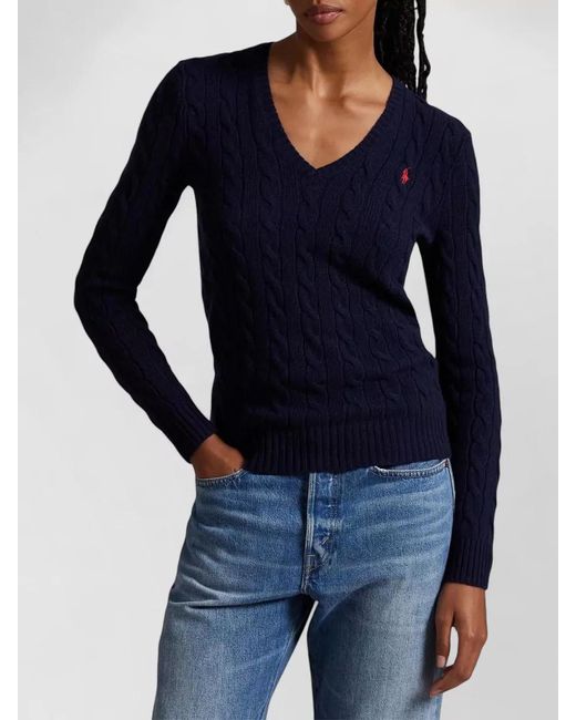 Polo Ralph Lauren Blue Wool Cashmere Cable-Knit V-Neck Long-Sleeve Sweater