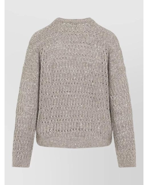 Brunello Cucinelli Gray Linen Openwork Sequin Crewneck Jumper