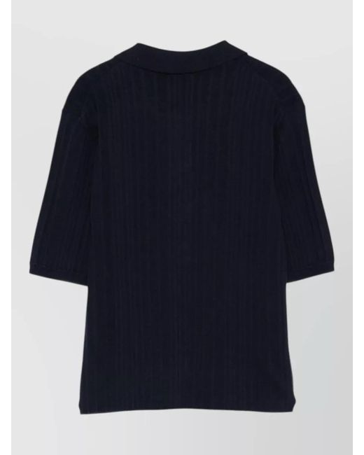 Closed Blue Polo Collar Ribbed Knit Cotton Shirt