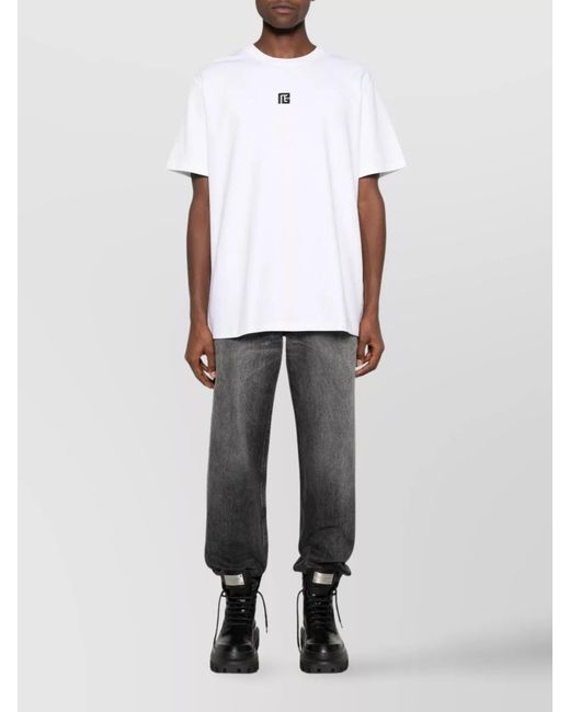 Balmain White Ribbed Crewneck Logo-Embroidered T-Shirt for men
