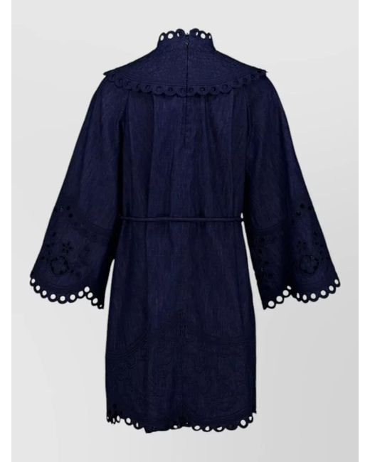 Zimmermann Blue Denim Broderie High-Neck Mini Dress