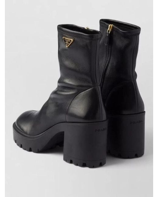 Prada Black Leather Ankle Boots Chunky Heel Design