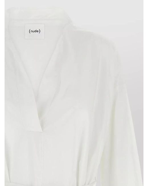 Nude White Shirt Dress Belted Waist Buttoned Cuffs