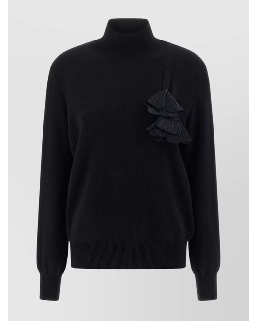 Ferragamo Blue Cashmere Virgin Wool Floral Appliqué Mock Neck Jumper