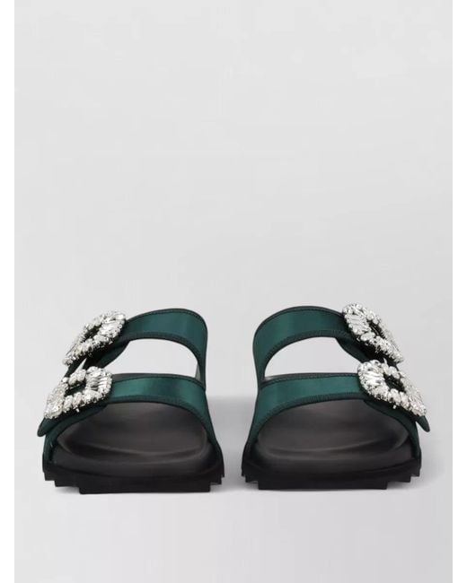 Roger Vivier Green Slide Sandal Embellished Buckles Flat Sole