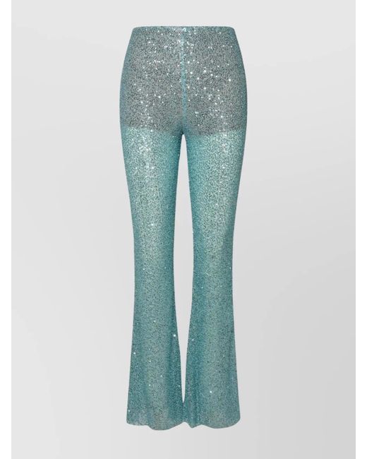 Self-Portrait Blue Elastic Waistband Flared Trousers With Sequined Embellishments