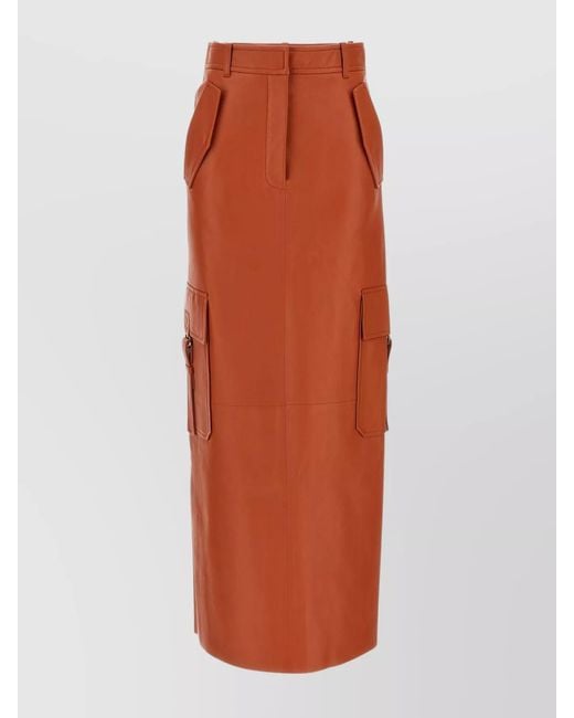 Zimmermann Orange Leather High-Rise Midi Skirt