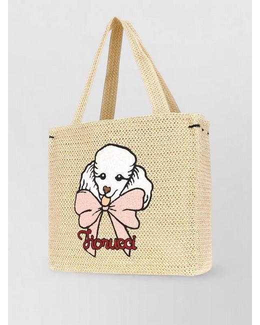 Fiorucci Natural Tote Bag Woven Texture Dog Motif Bow
