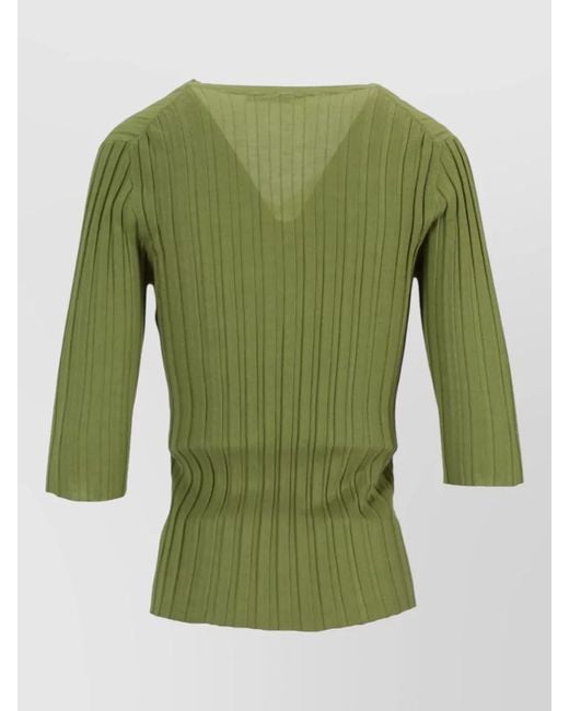 LA ROSE Green V Neck Cashmere Silk Knitwear Top