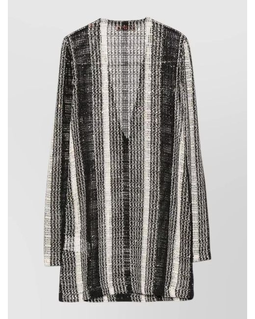 Missoni Gray Open-Knit Sequin-Embellished Vertical-Stripe V-Neck Long-Sleeve Cardigan