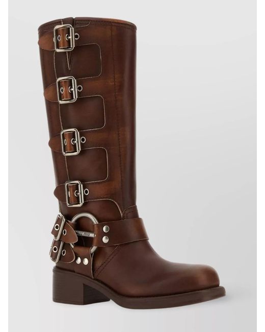 Miu Miu Brown Leather Block Heel Mid-Calf Boots