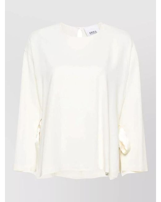Erika Cavallini Semi Couture White Cady Blouse Round Neck Keyhole Back