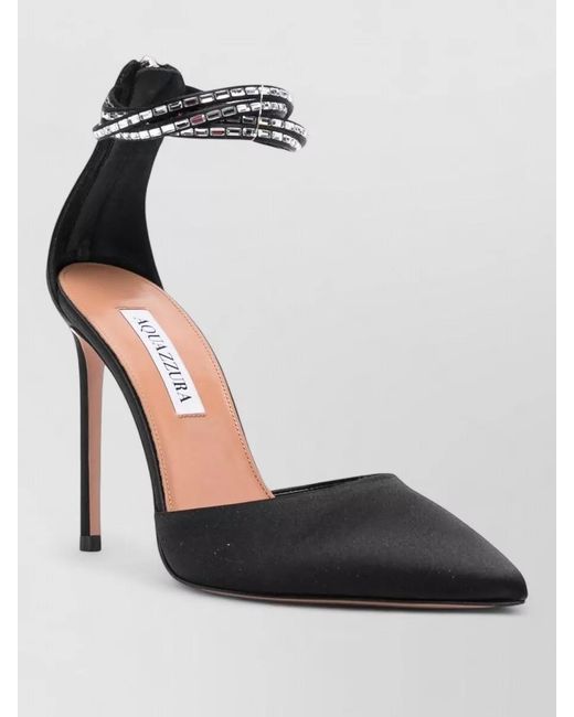 Aquazzura Black Pointed Toe Satin Stiletto Ankle Strap Pumps