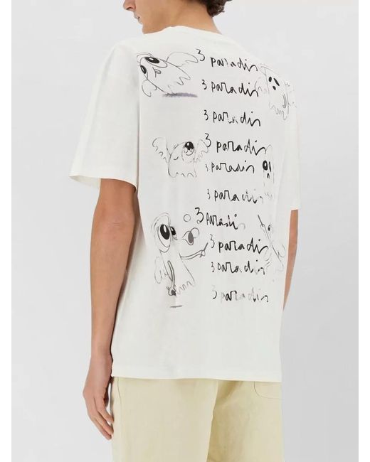 3.PARADIS White Edgar Plans Graphic Crew Neck T Shirt for men