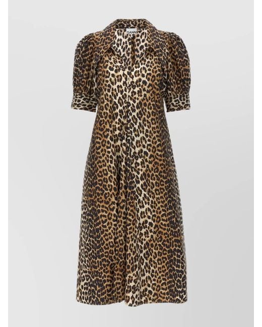 Ganni Natural Leopard Print V-Neck Short-Sleeve Cotton Midi Dress