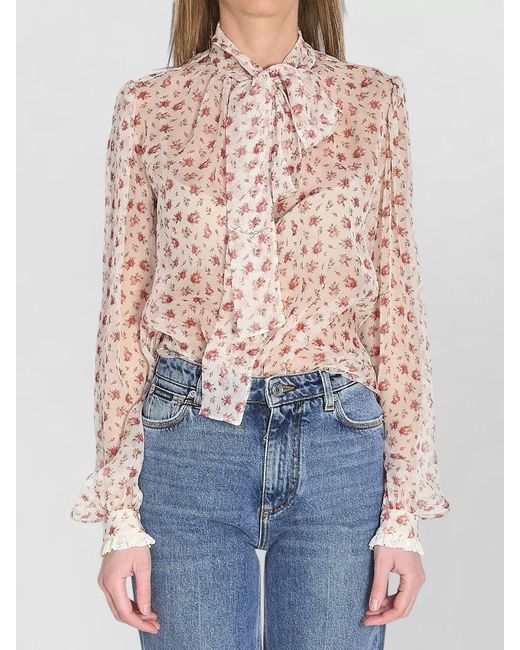 Dolce & Gabbana Blue Chiffon Top Scarf Collar Bow Roses