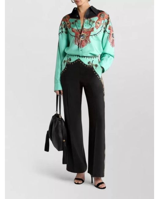 Etro Black Silk Printed High-Rise Wide-Leg Trousers