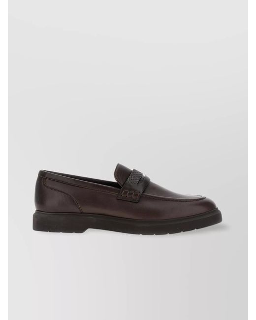 Brunello Cucinelli Brown Leather Round Toe Loafers With Stitch Detailing