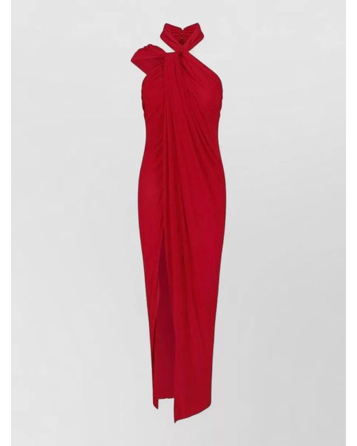 Balmain Red Draped Halter Maxi Dress Side Slit