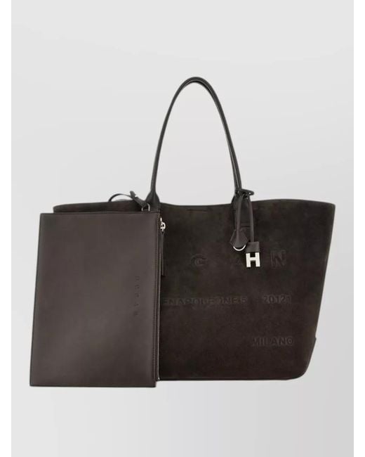 Hogan Black Tote Bag Contrast Trim Suede Texture