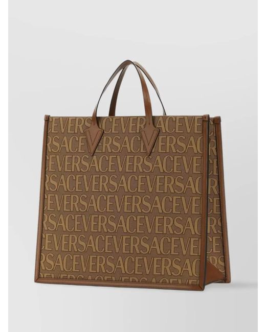 Versace Brown Leather Logo-Jacquard Tote Bag for men