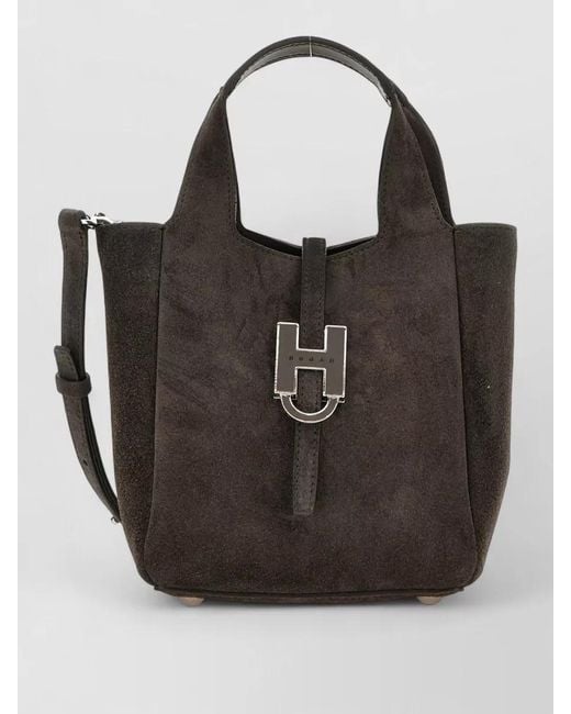 Hogan Black Tote Bag Adjustable Strap Structured Shape Suede
