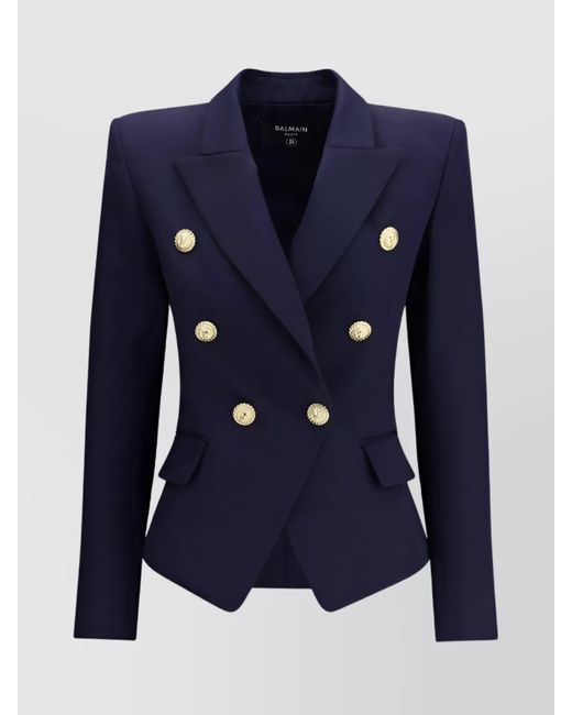 Balmain Blue Structured Double-Breasted Blazer Peak Lapels