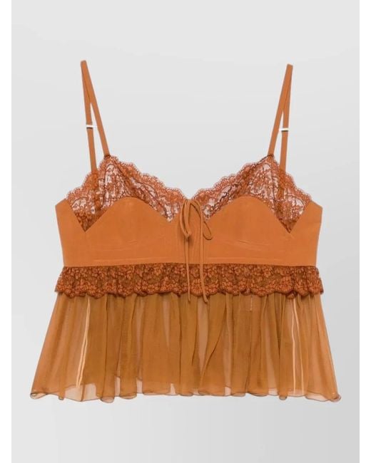 Chloé Orange Lace Trim Sleeveless Top Sweetheart Neckline