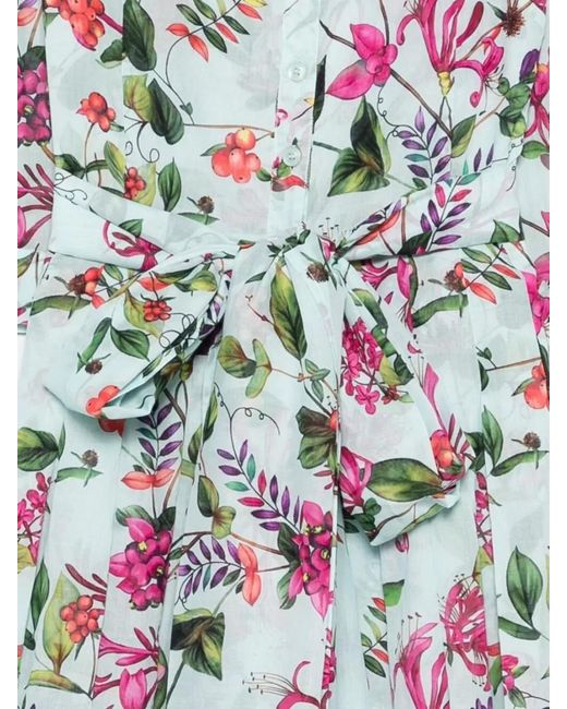 Samantha Sung White Floral-Print Pleated Cotton Midi Dress