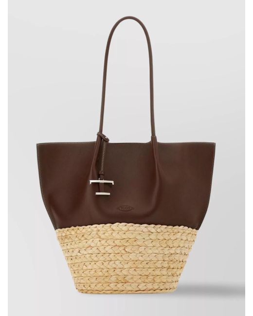 Tod's Natural Medium Leather And Raffia Tote Bag