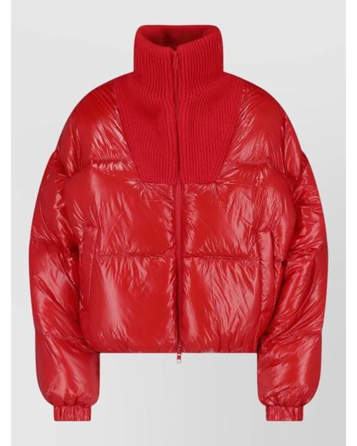 DIESEL Red Cropped Padded Coat High Collar Ribbed Hem