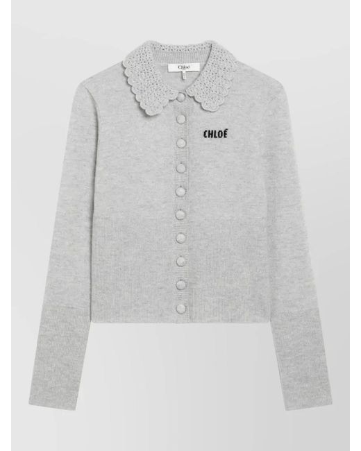 Chloé Gray Fine-Knit Wool Fitted Collared Cardigan